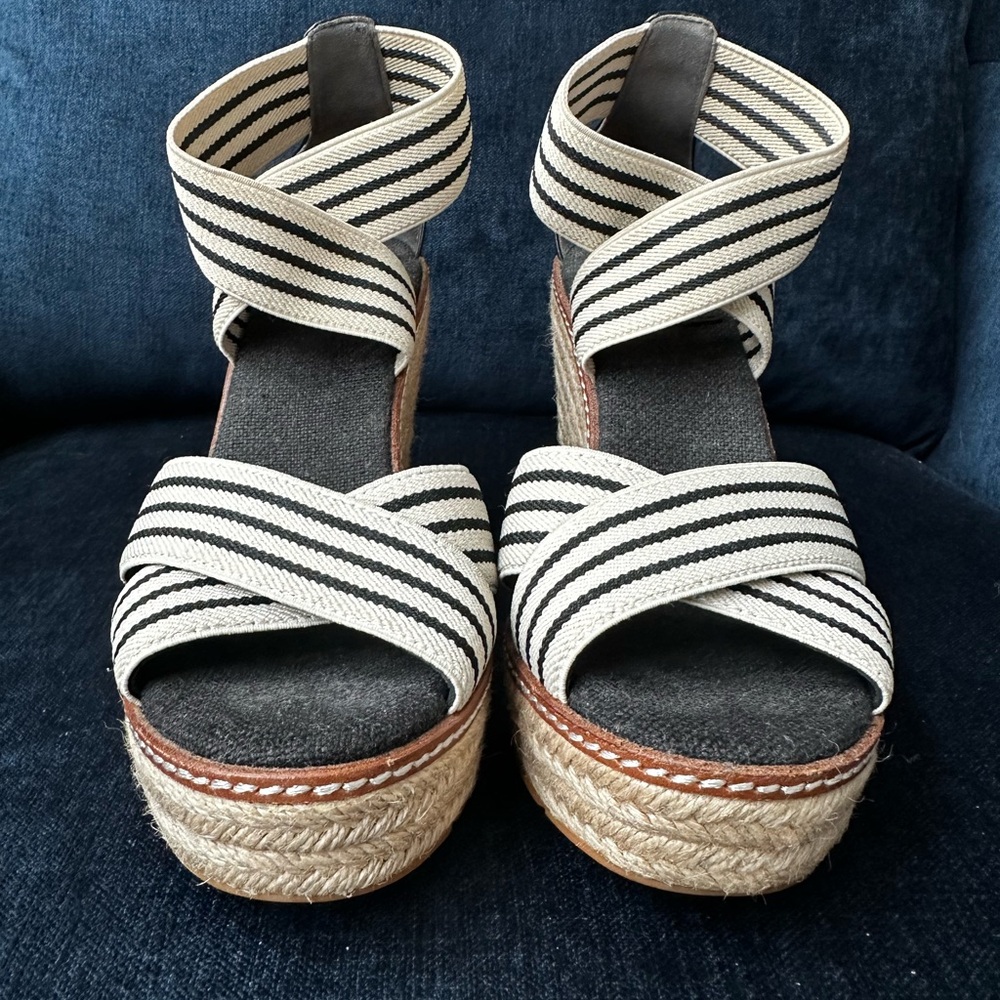 Tory Burch Black and White Wedge Espadrille Shoes
